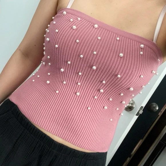 Meraki 2-piece ribbed sweater tube top, balloon sleeve cowl neck coord set - Picture 2 of 9